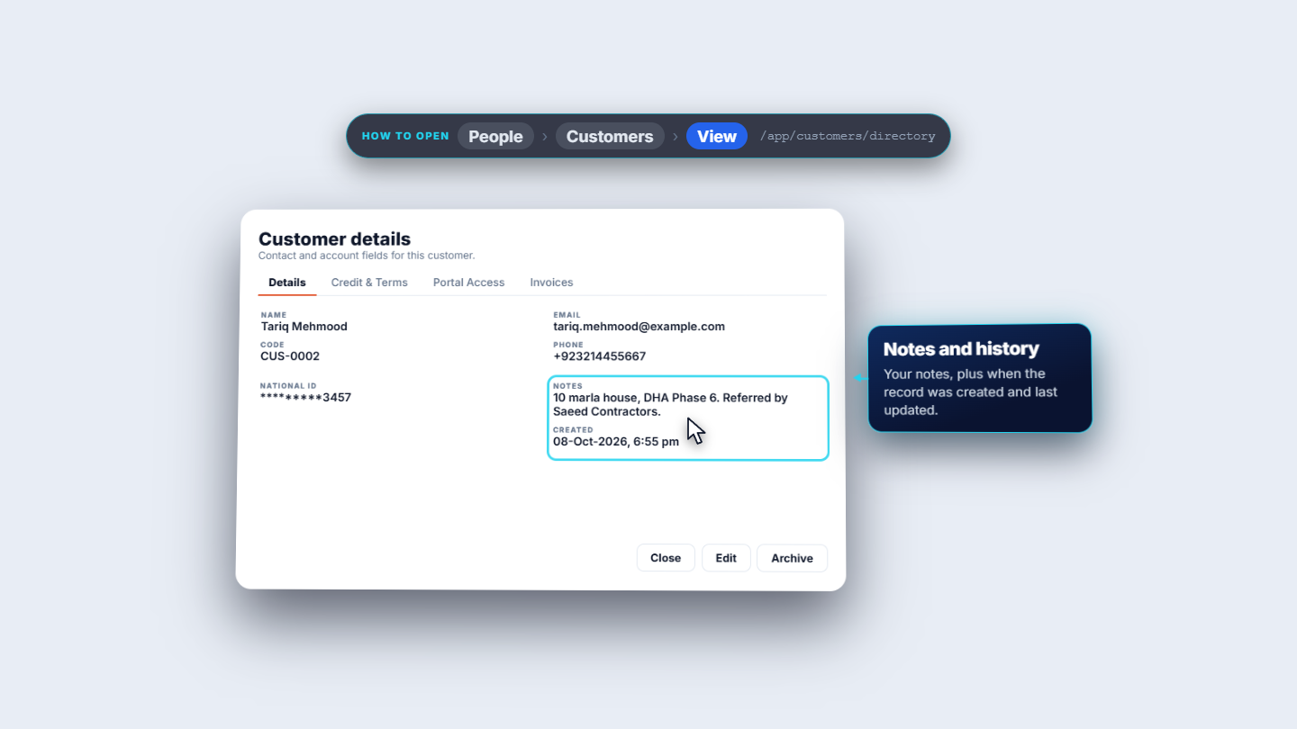 Customer details showing the notes and the creation date