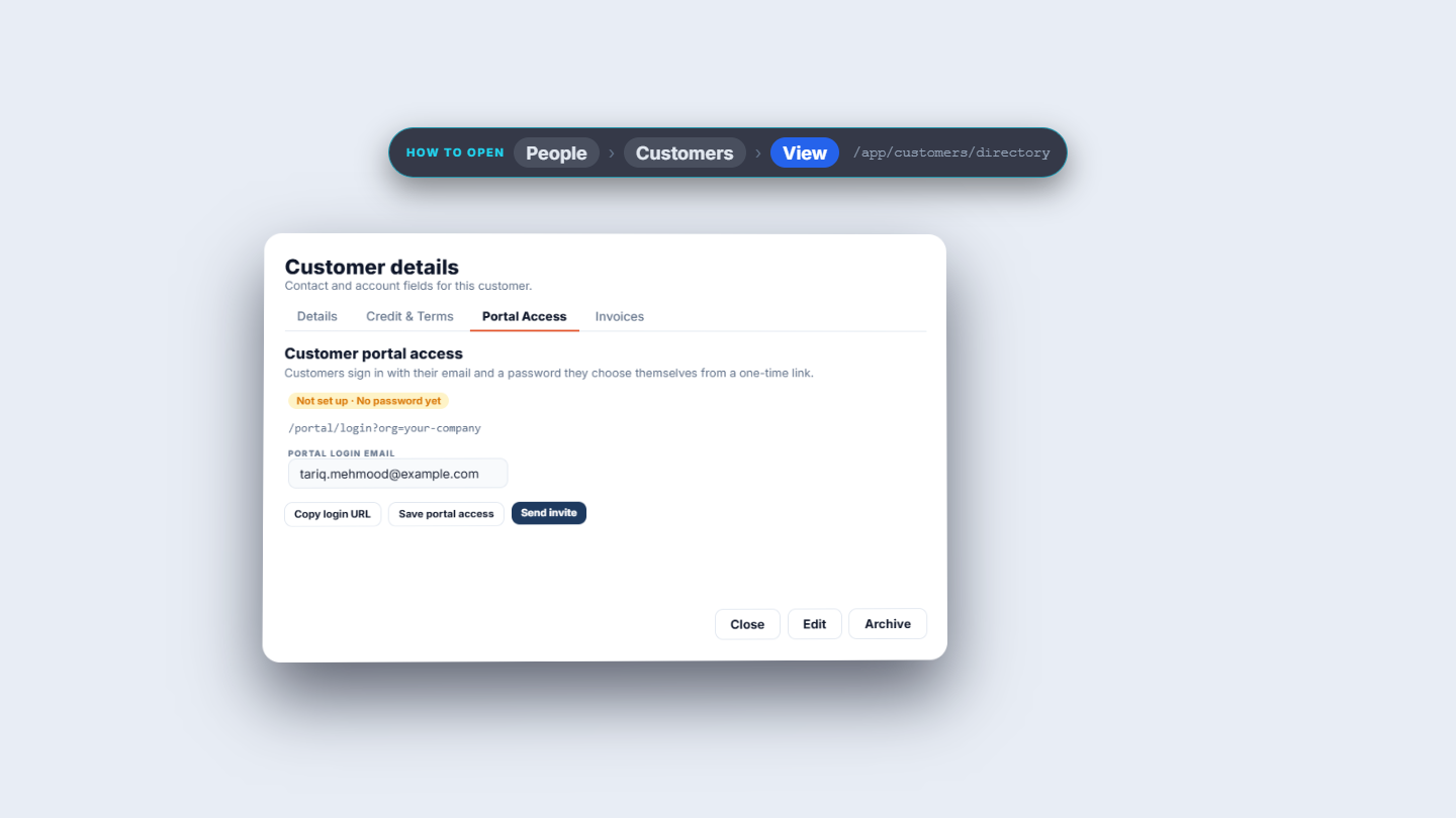 Portal Access tab with the login link, login email and buttons