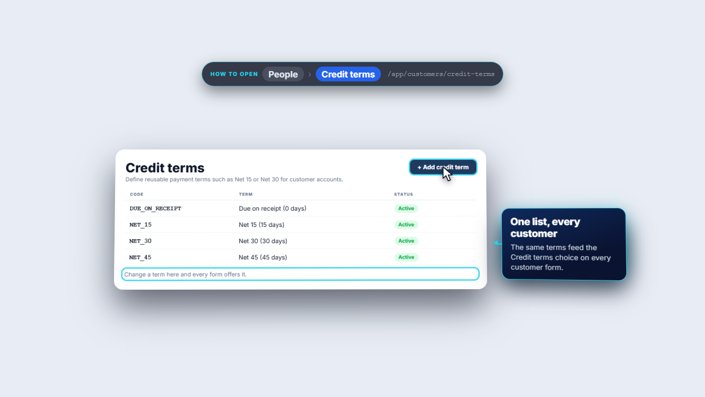 Credit terms list with Due on receipt, Net 15, Net 30 and Net 45
