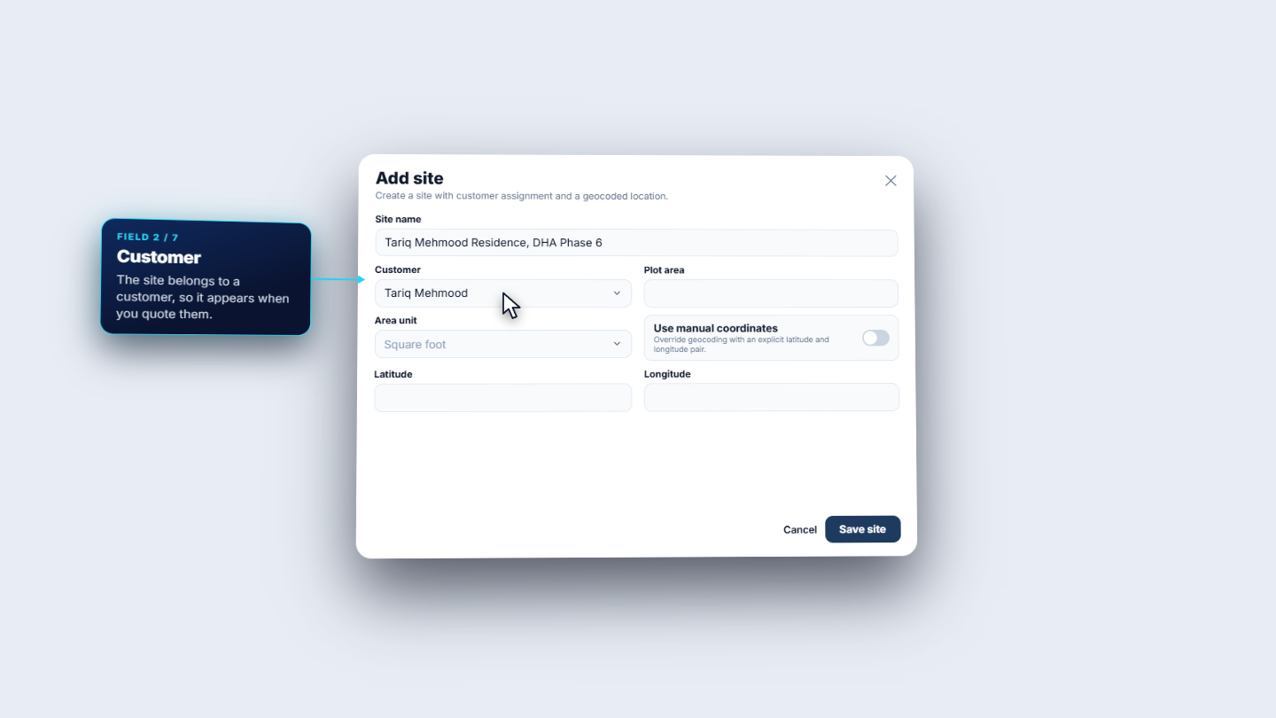 Add site form with the site name, customer, plot area and unit