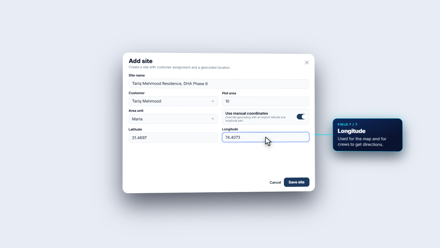 Add site form with manual coordinates, latitude and longitude