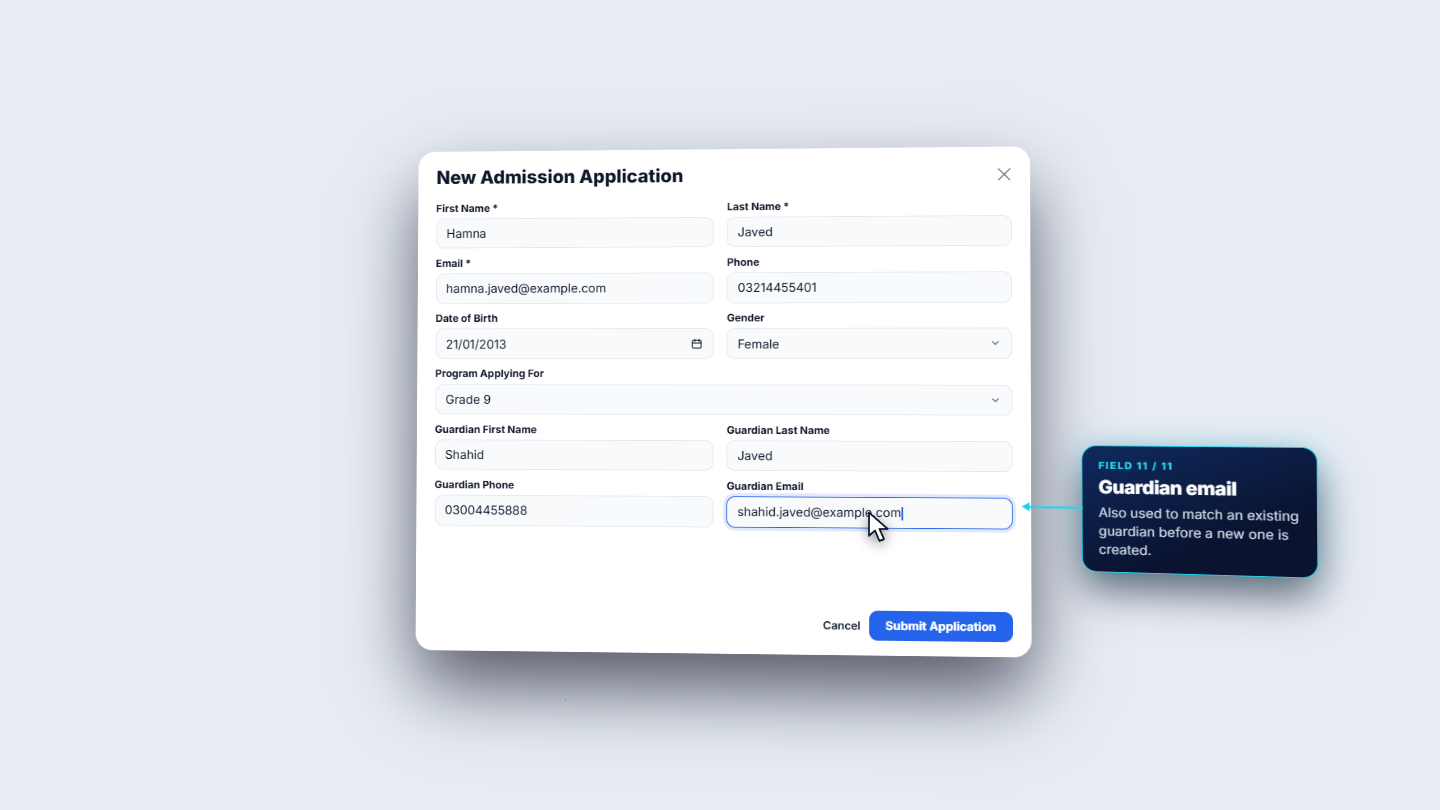 New admission application form for Hamna Javed