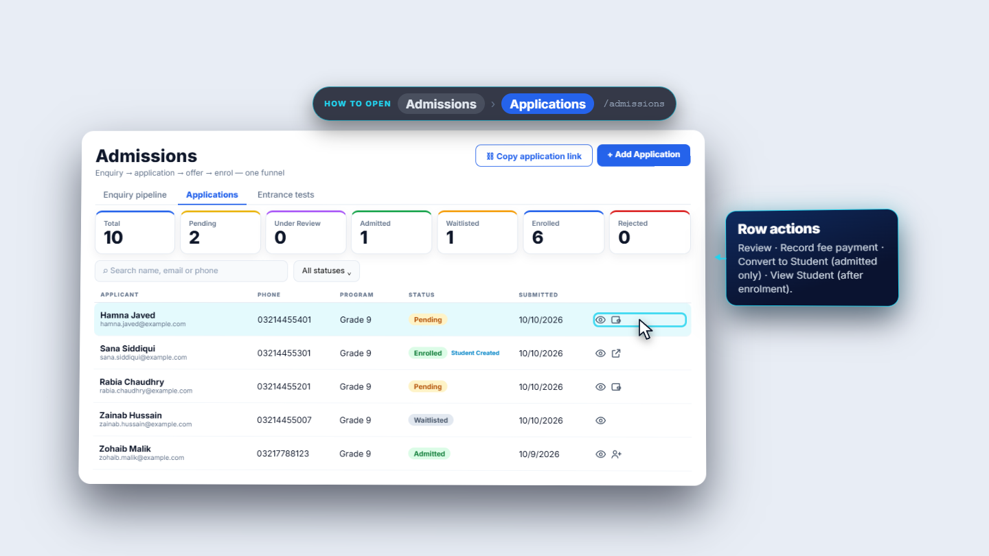 Applications tab with the new Pending application