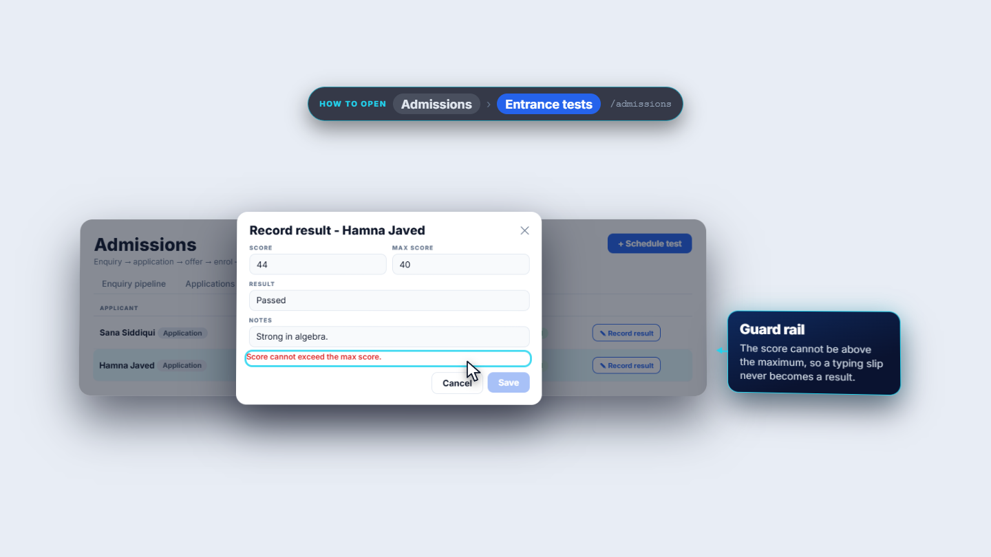 Entrance tests result: score against the maximum