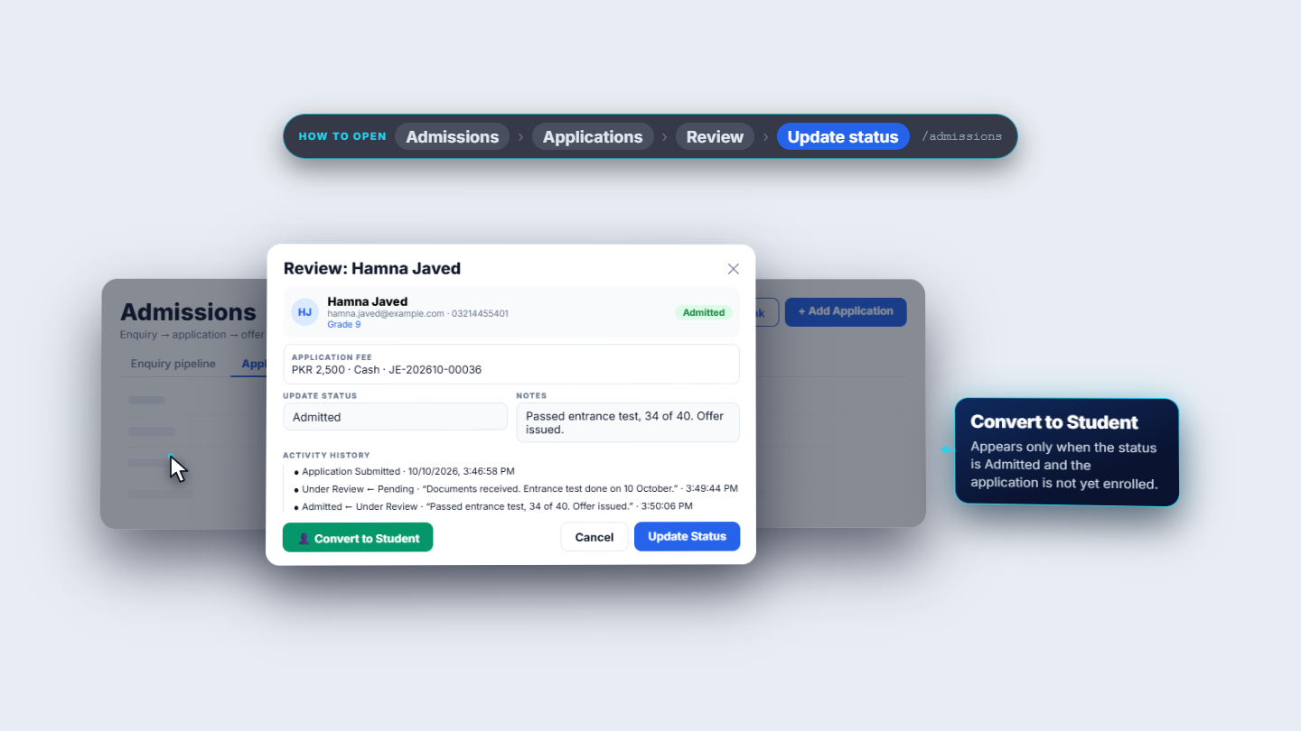 Review dialog showing the activity history of status changes