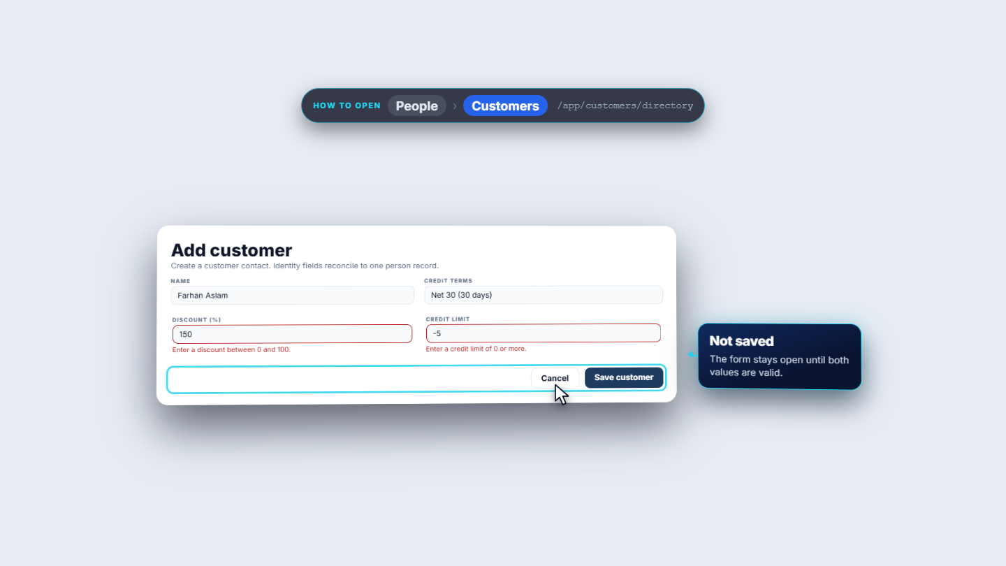 Add customer form with discount 150 and credit limit -5 refused