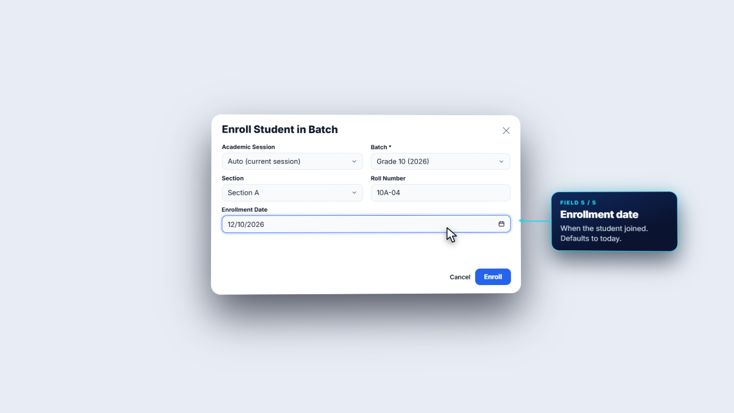 Enroll Student in Batch dialog: session, batch, section, roll number, date