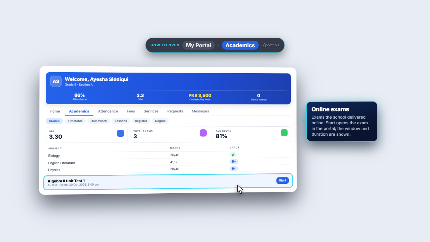 Student Portal Academics with grades and online exams