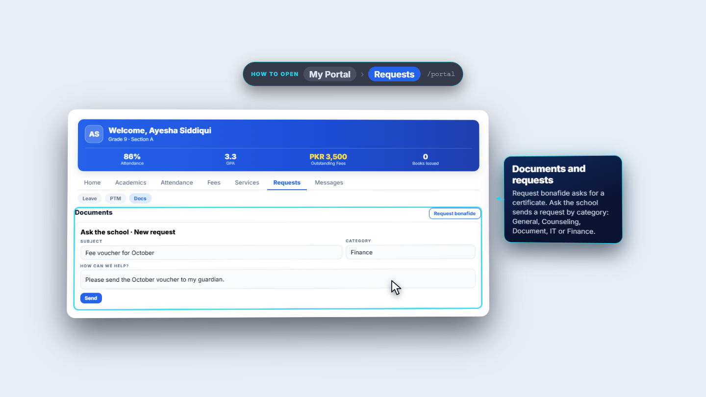 Requests tab with leave, parent-teacher meetings and documents
