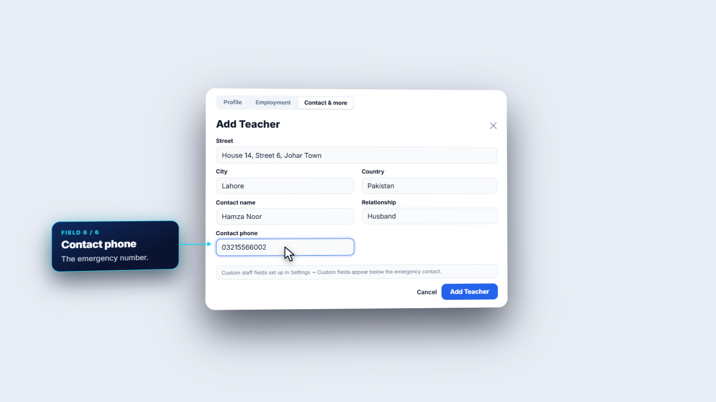 Contact and more tab with address and emergency contact