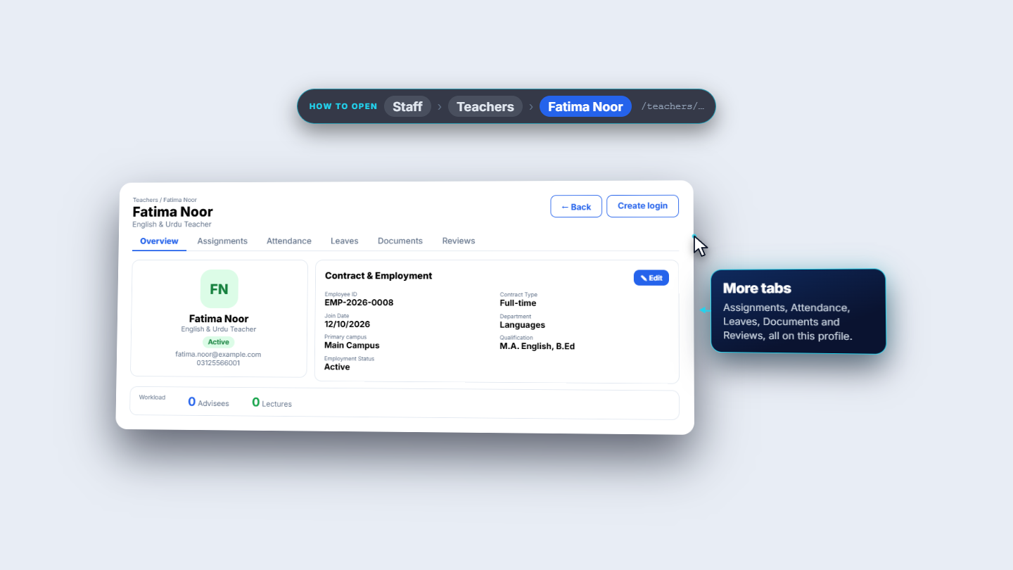 Teacher profile with employment details and Create login