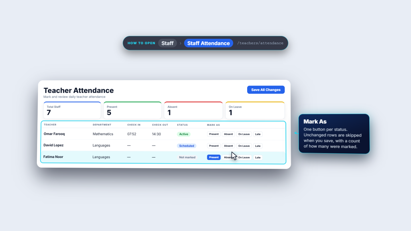 Teacher Attendance with Present, Absent, On Leave and Late buttons